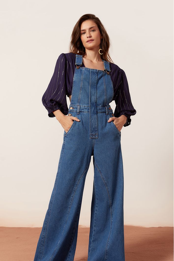 Jardineira Jeans Pespontos