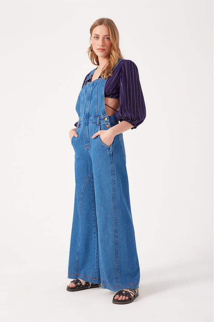 Jardineira Jeans Pespontos