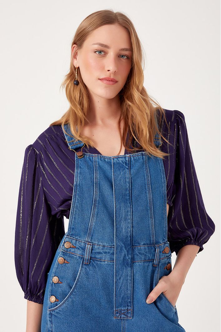 Jardineira Jeans Pespontos