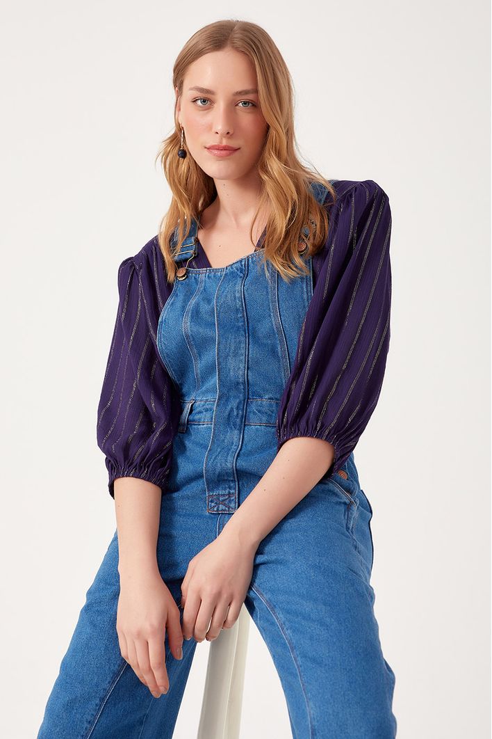 Jardineira Jeans Pespontos