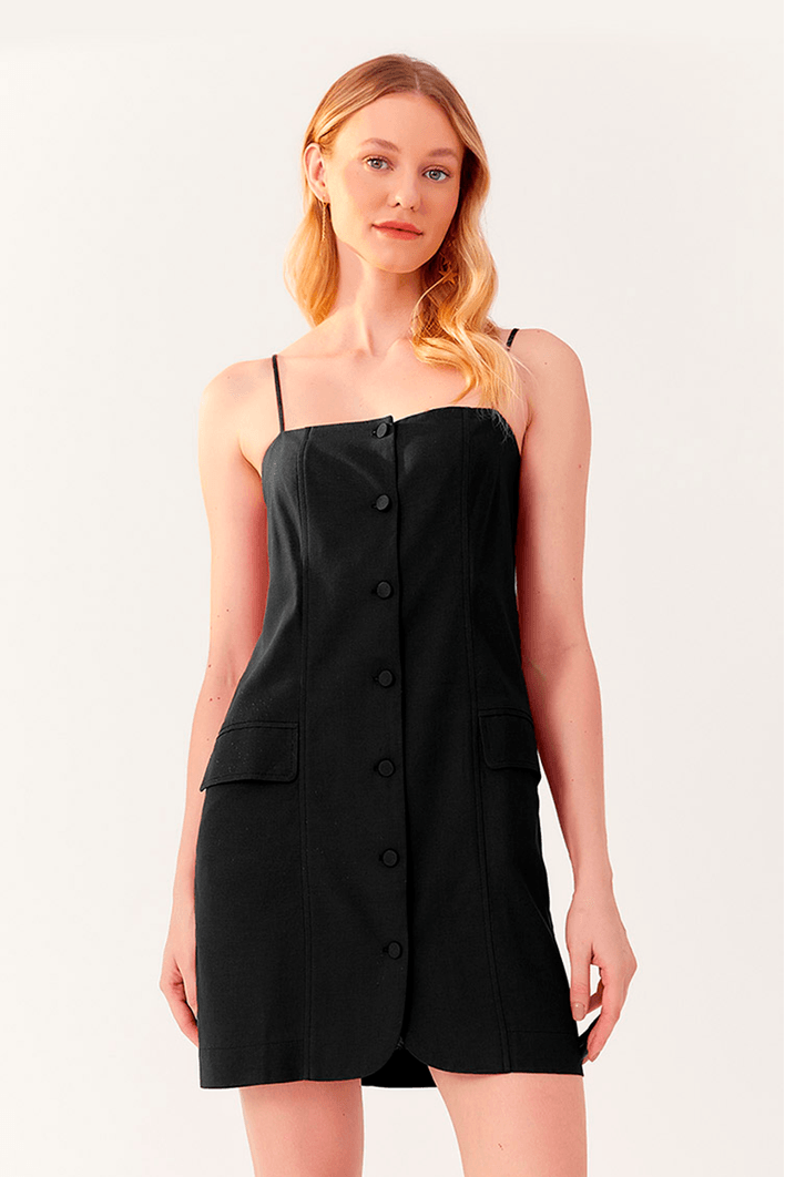 Vestido Linho Curto Botões Frente