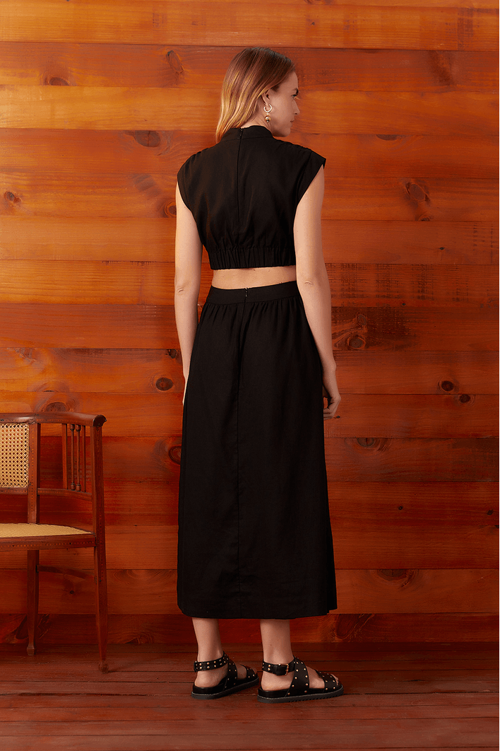 Vestido Linho Cropped Pala Arredondada