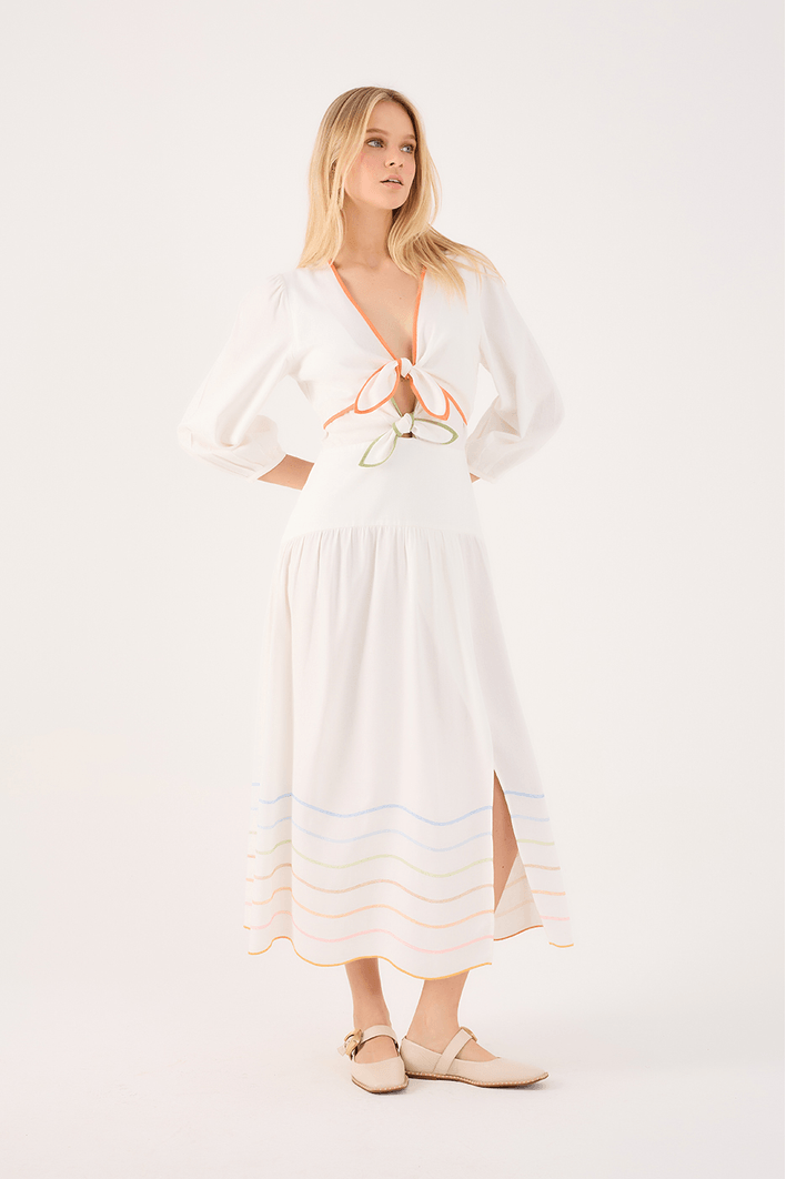 Vestido Linho Cropped Bord Ondas Colorid