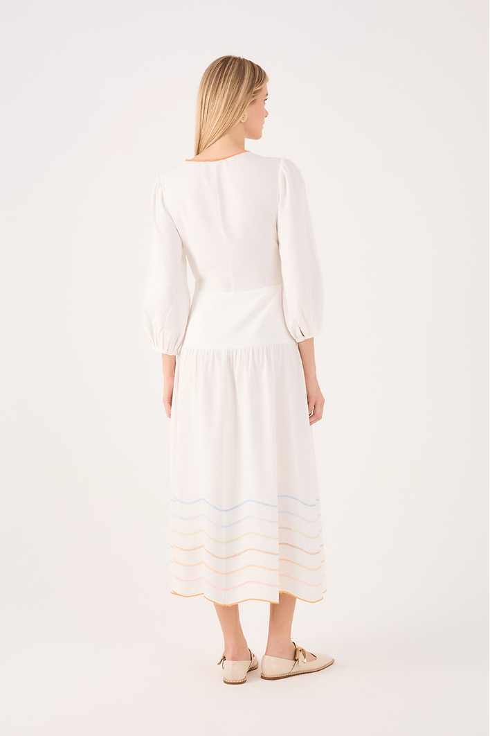 Vestido Linho Cropped Bord Ondas Colorid