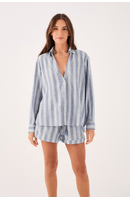 Camisa Linho Listrada Decote Tesoura