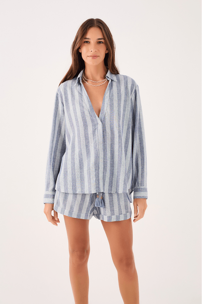 Camisa Linho Listrada Decote Tesoura