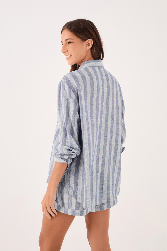 Camisa Linho Listrada Decote Tesoura