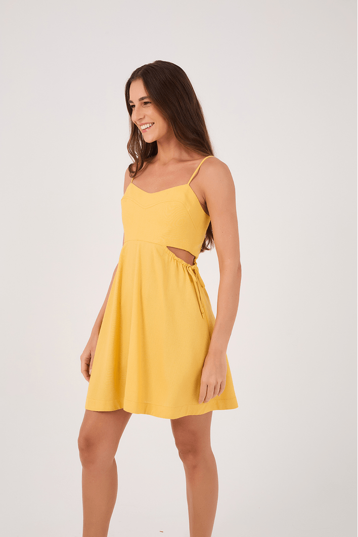 Vestido Curto Linho Amarração Lateral