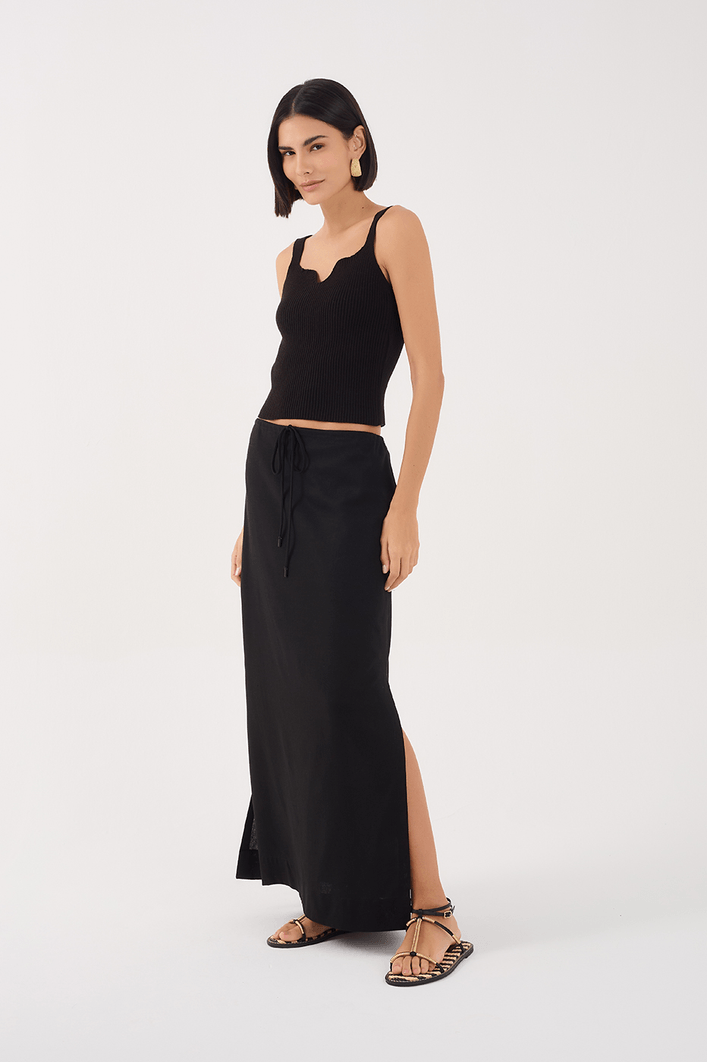 Saia Linho Cropped Amarração Cintura