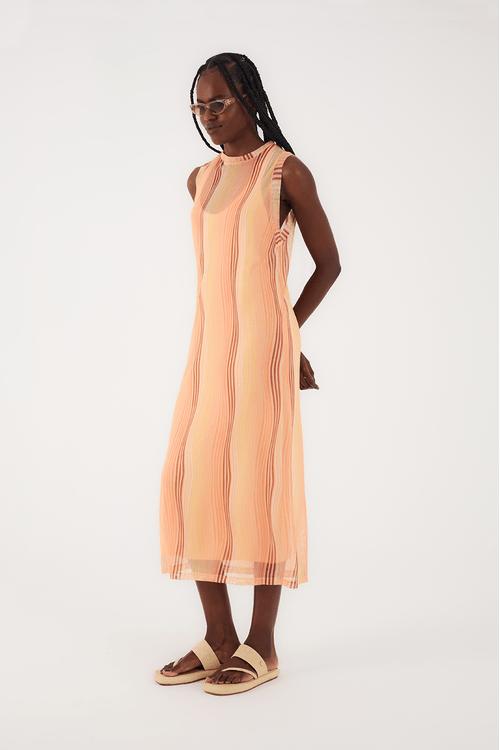 Vestido Coluna Tule Estampa Areia