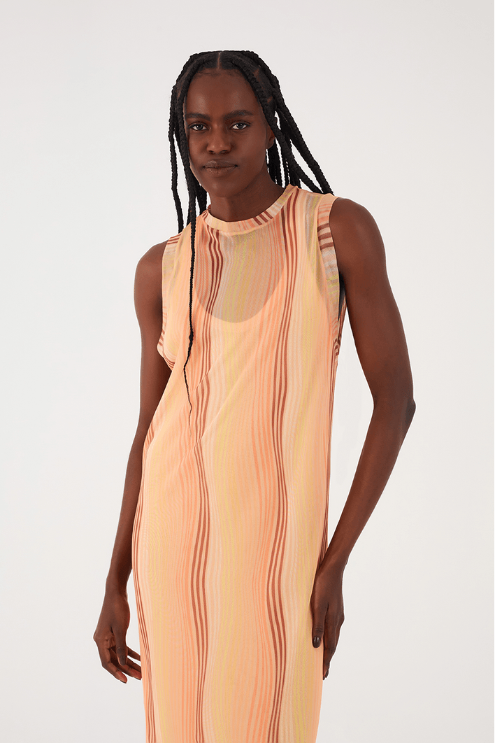 Vestido Coluna Tule Estampa Areia