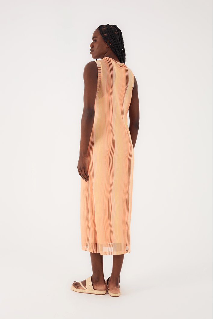 Vestido Coluna Tule Estampa Areia