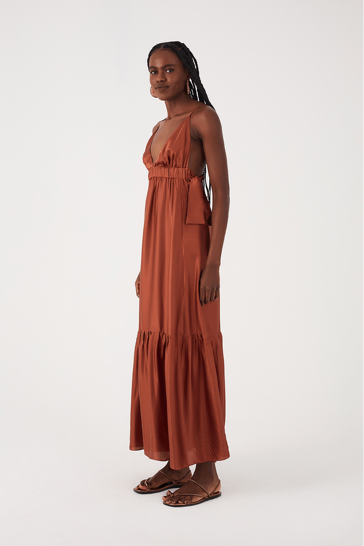 Vestido Longo Cetim Amarracao Lateral