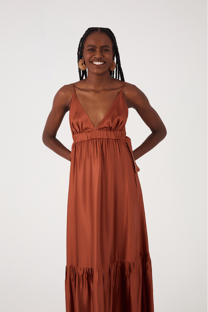 Vestido Longo Cetim Amarracao Lateral
