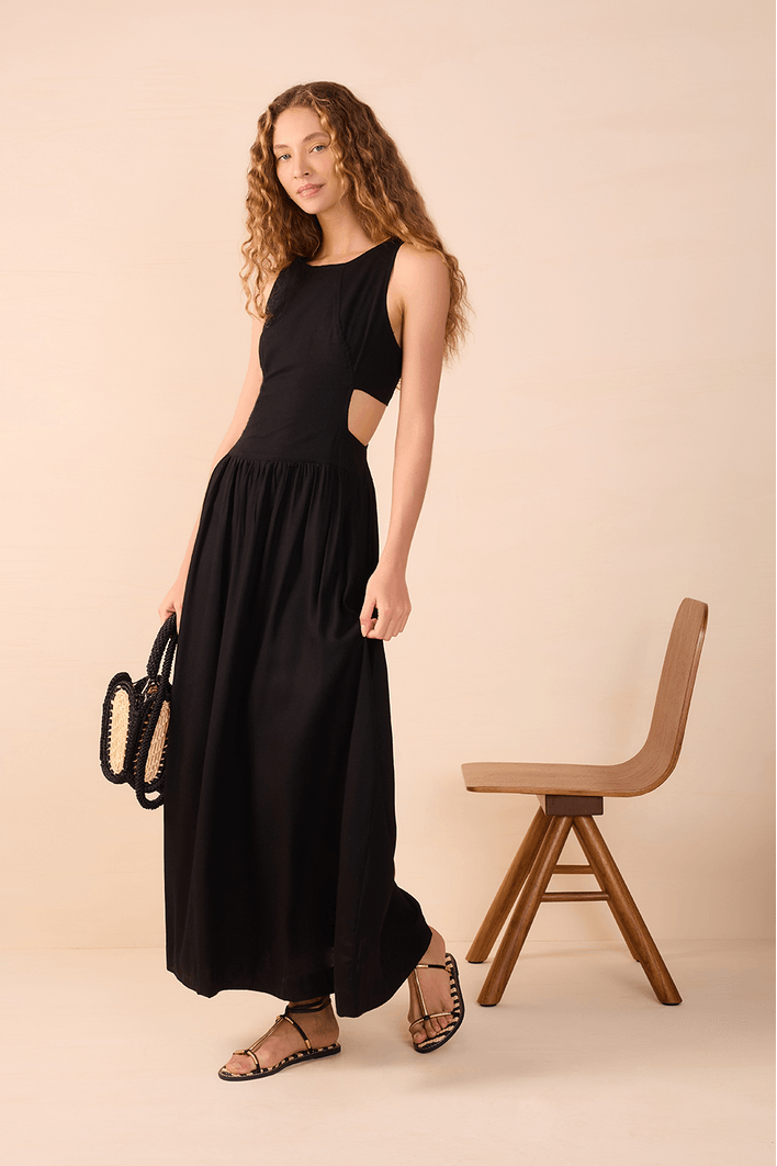 Vestido Cropped Linho Recorte Lateral