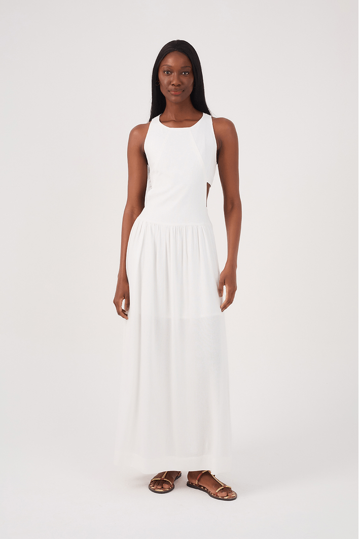 Vestido Cropped Linho Recorte Lateral