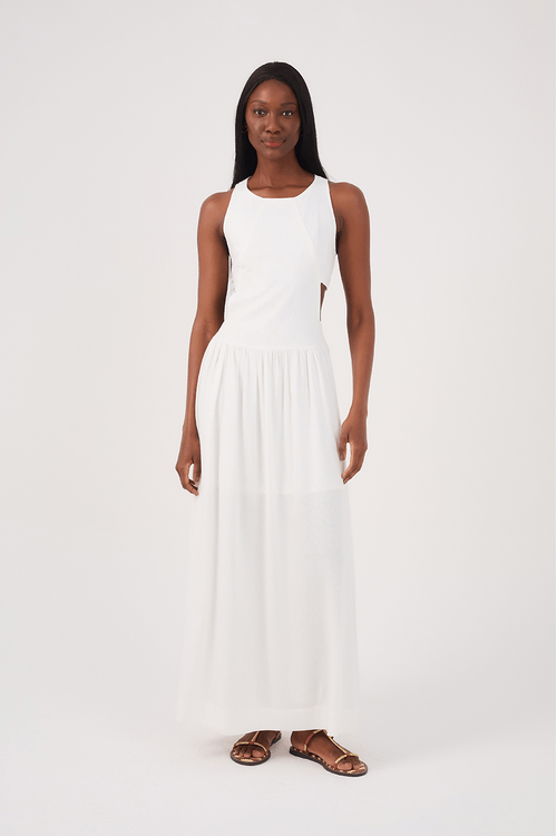 Vestido Cropped Linho Recorte Lateral