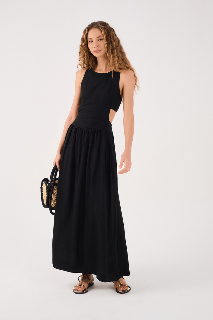 Vestido Cropped Linho Recorte Lateral