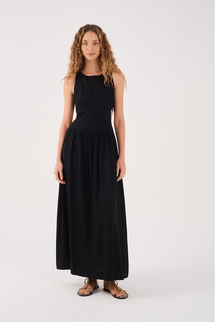 Vestido Cropped Linho Recorte Lateral
