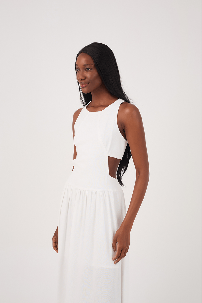 Vestido Cropped Linho Recorte Lateral