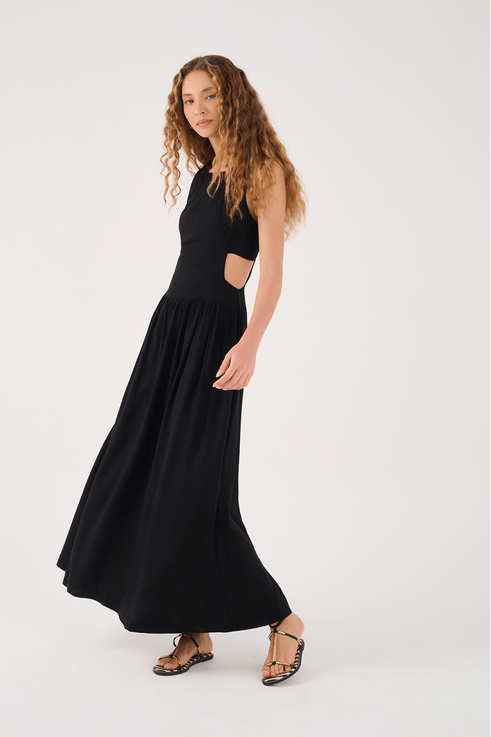 Vestido Cropped Linho Recorte Lateral