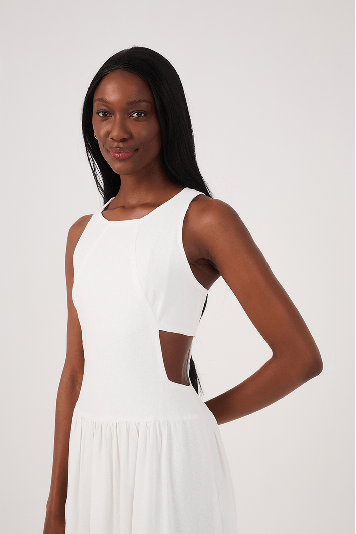 Vestido Cropped Linho Recorte Lateral