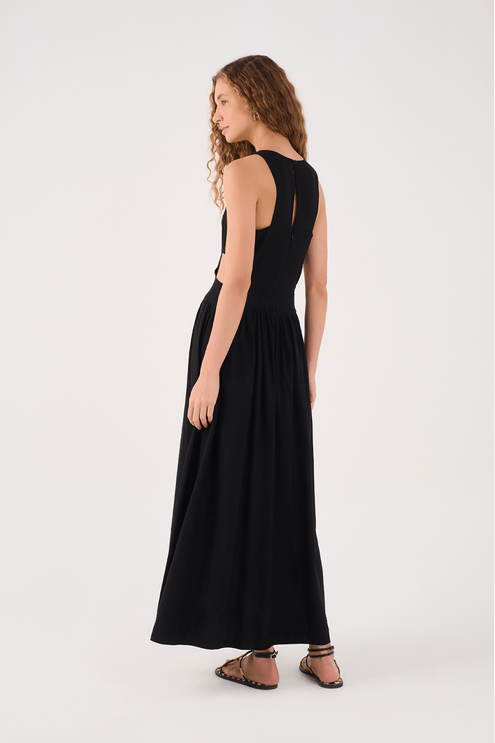Vestido Cropped Linho Recorte Lateral