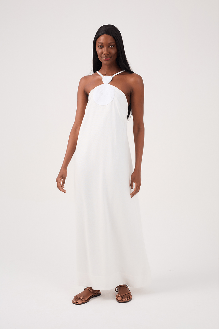 Vestido Cropped Linho Decote Bolas