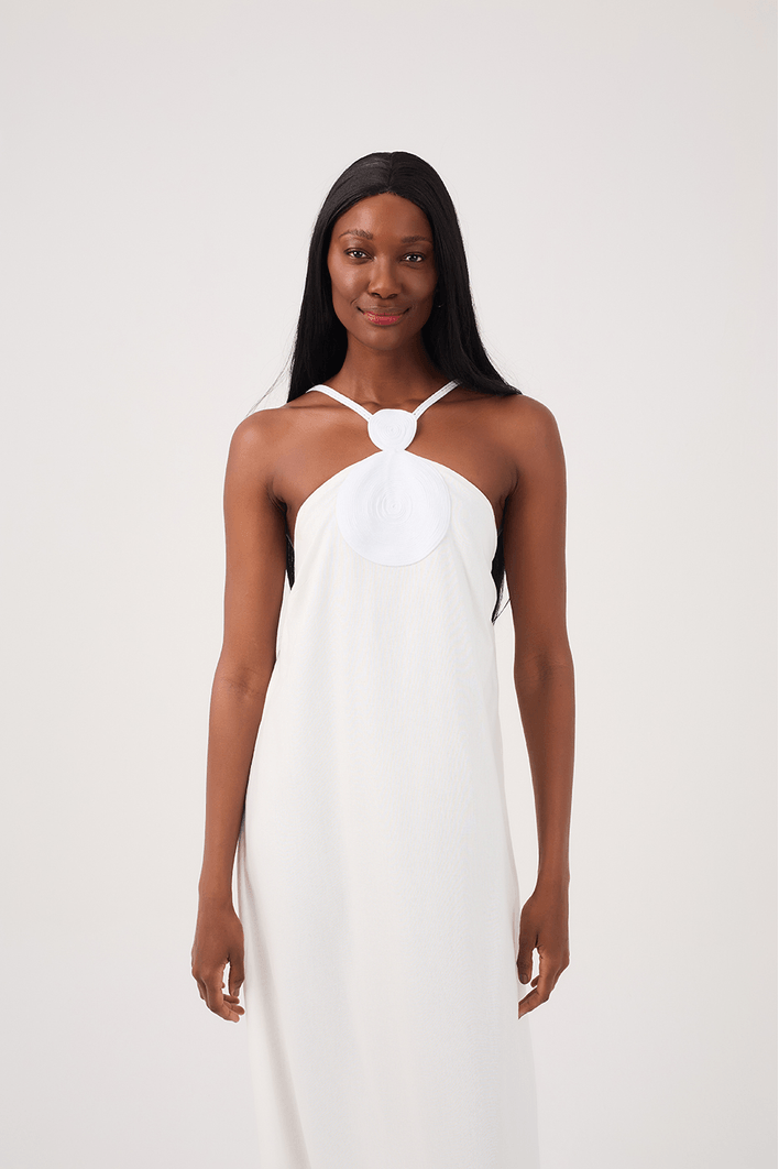 Vestido Cropped Linho Decote Bolas