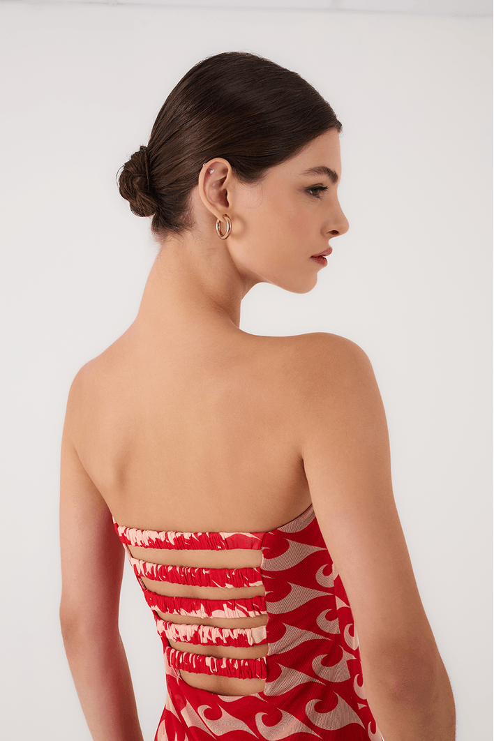 Vestido Sem Alça Tule Estampa Drop