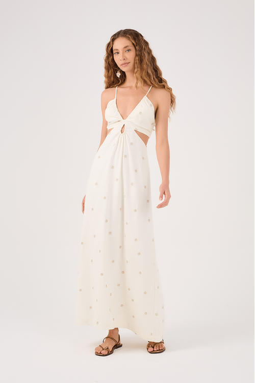 Vestido Longo Linho Bordado Lurex Sol