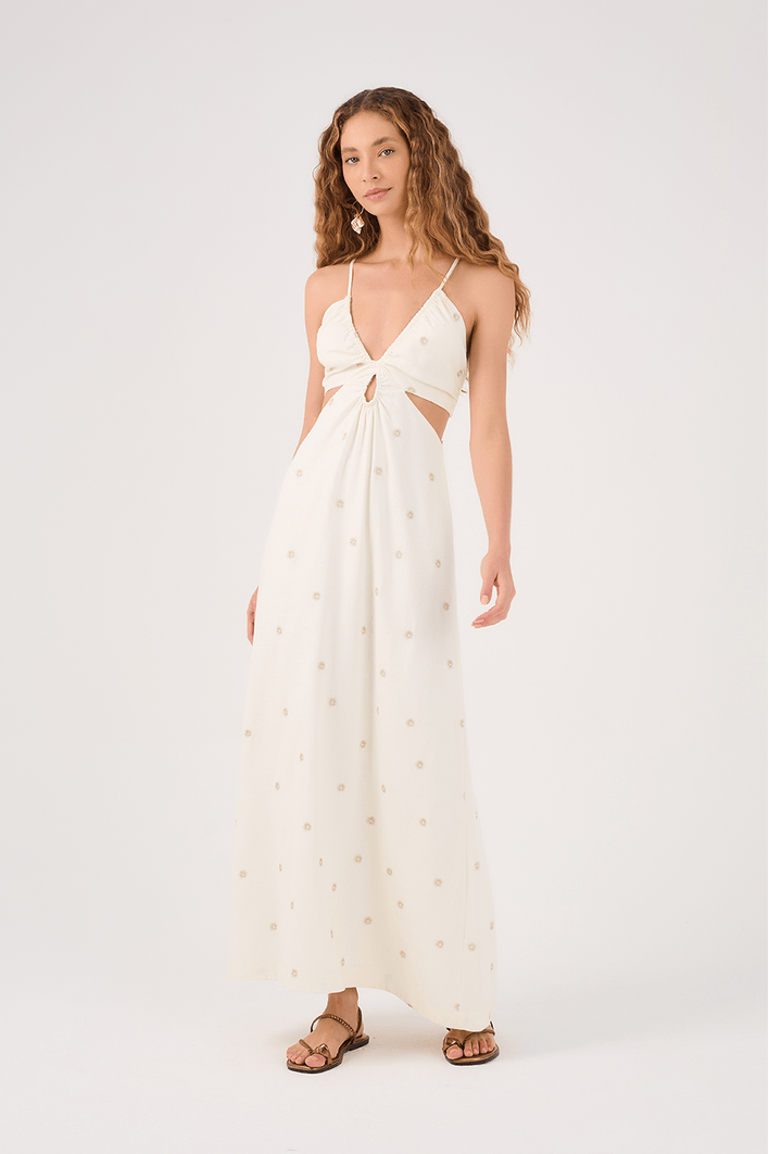 Vestido Longo Linho Bordado Lurex Sol