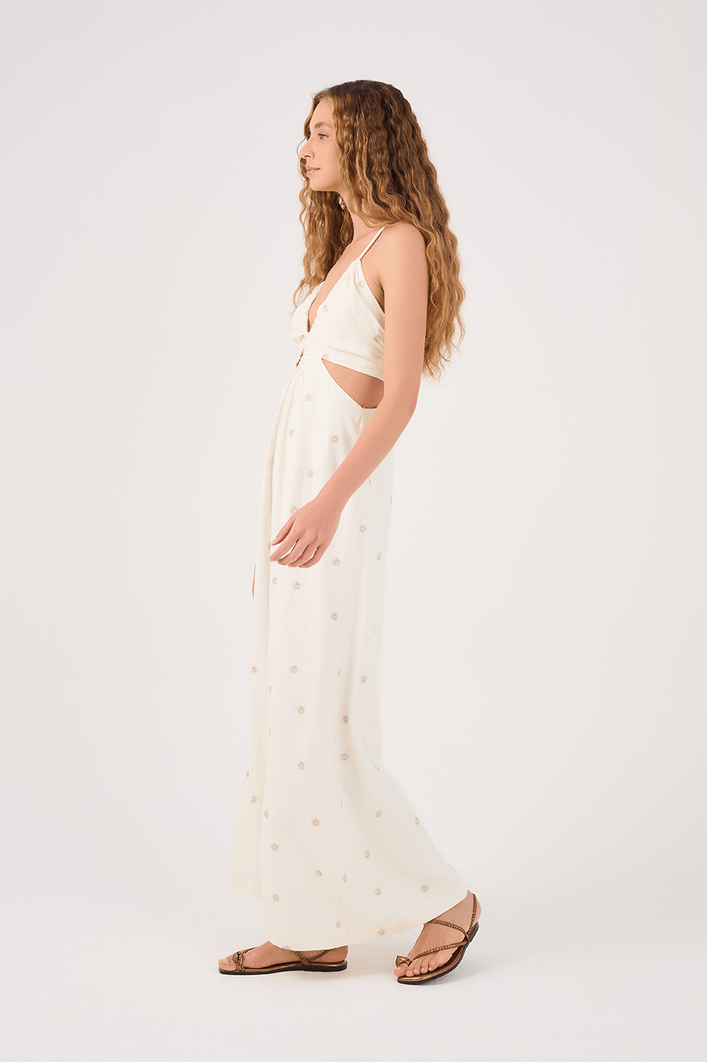 Vestido Longo Linho Bordado Lurex Sol