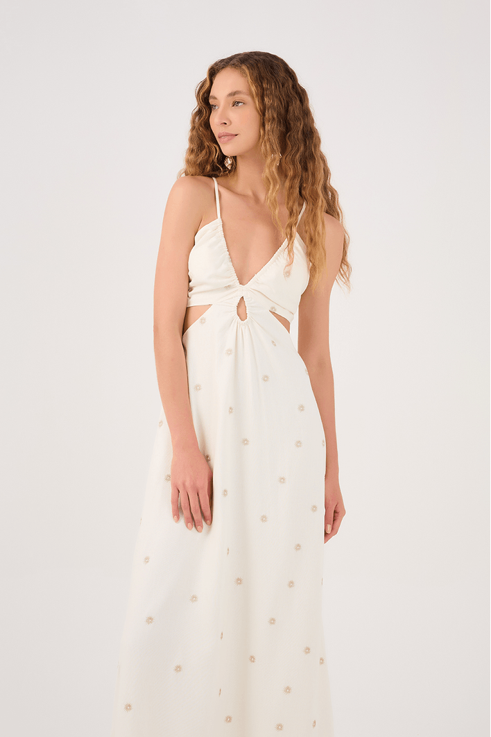 Vestido Longo Linho Bordado Lurex Sol