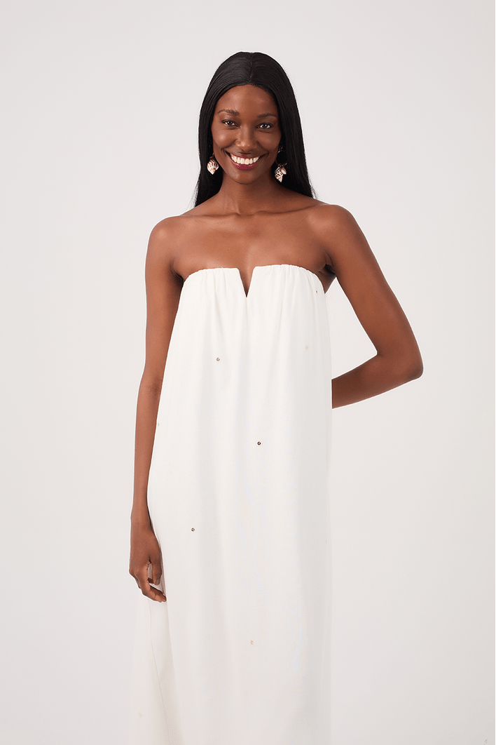Vestido Cropped Linho Bordado Paete