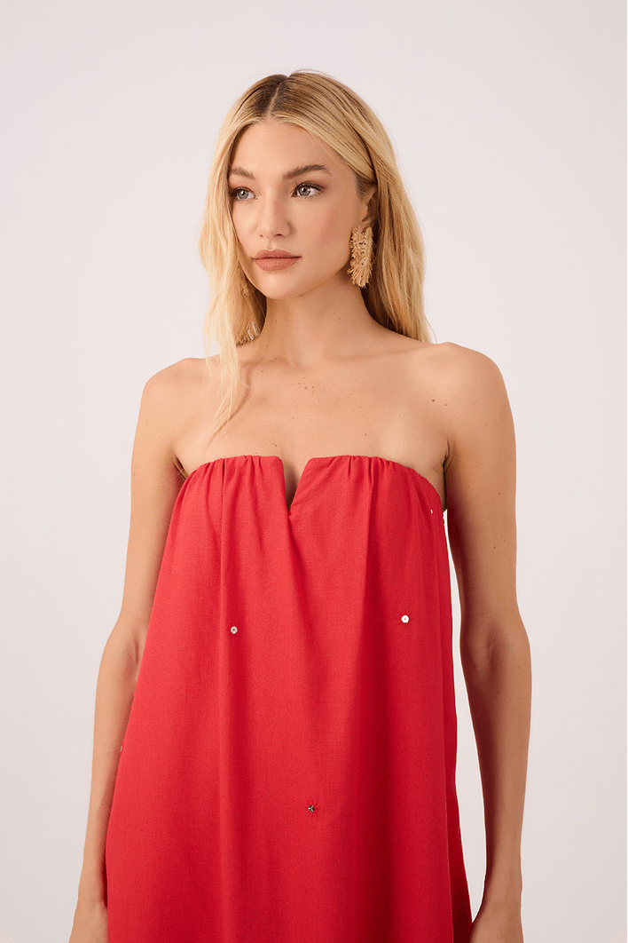 Vestido Cropped Linho Bordado Paete