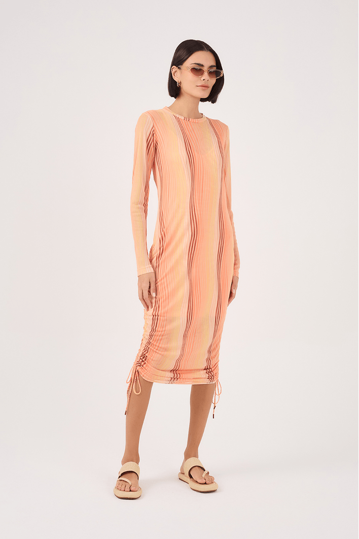 Vestido Franzido Tule Estampa Areia