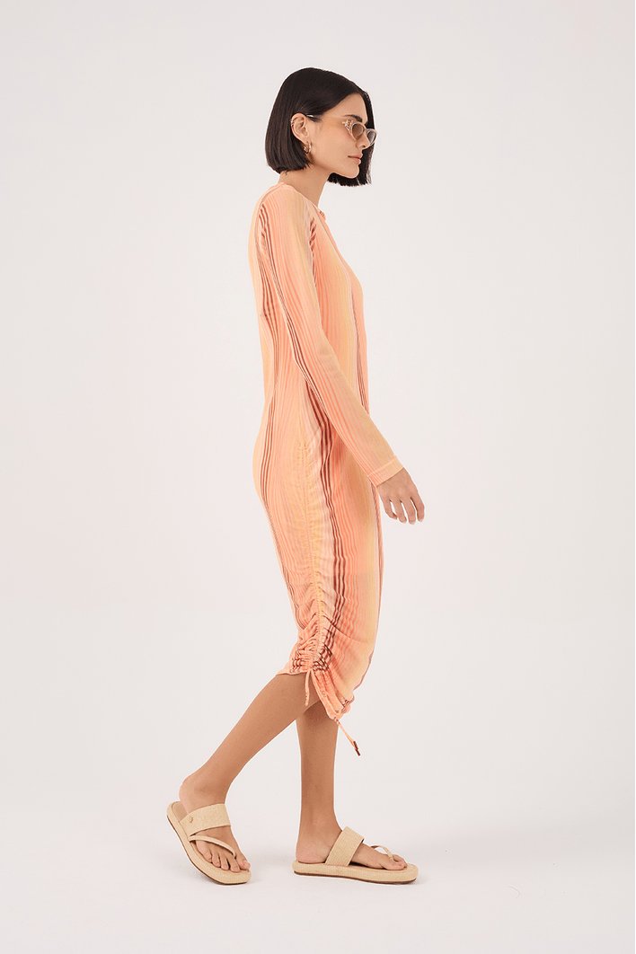 Vestido Franzido Tule Estampa Areia