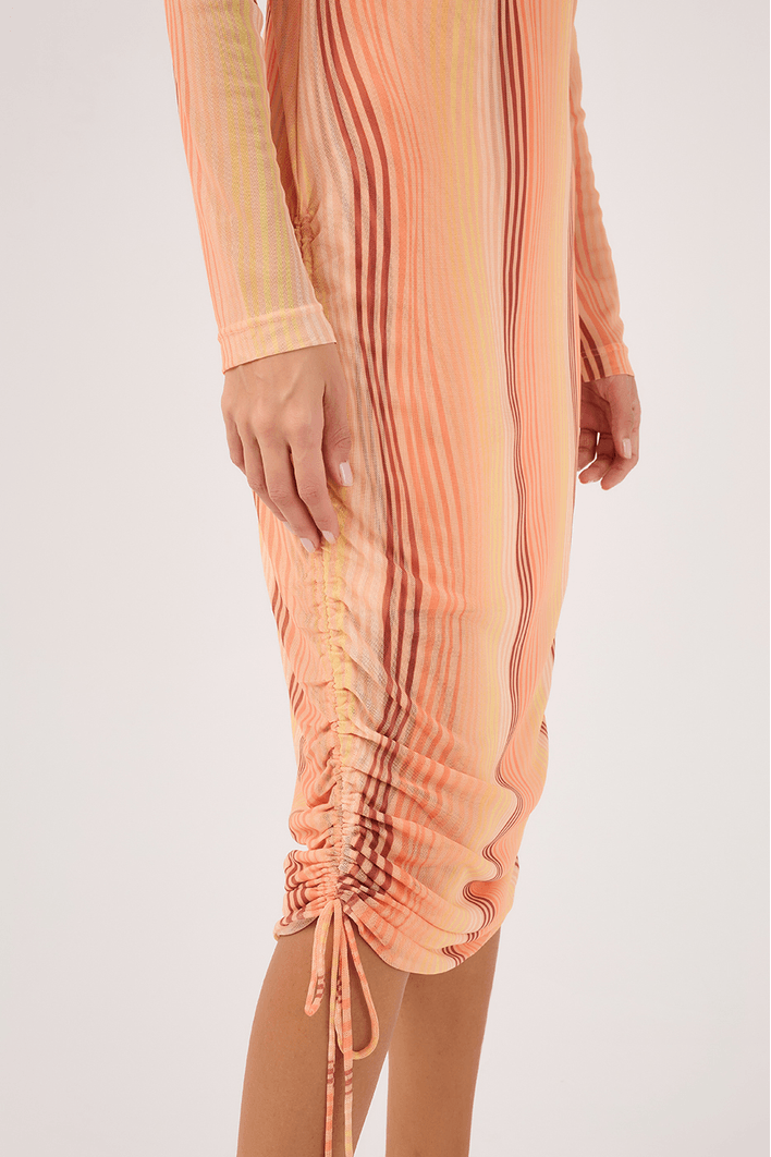 Vestido Franzido Tule Estampa Areia