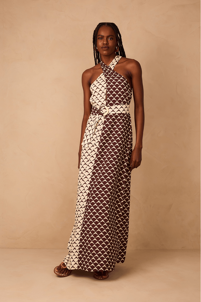 Vestido Longo Cinto Estampa Asa Delta