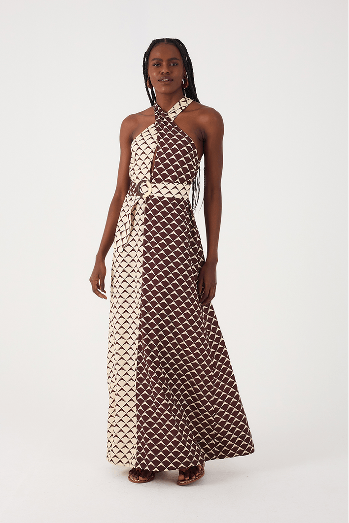 Vestido Longo Cinto Estampa Asa Delta