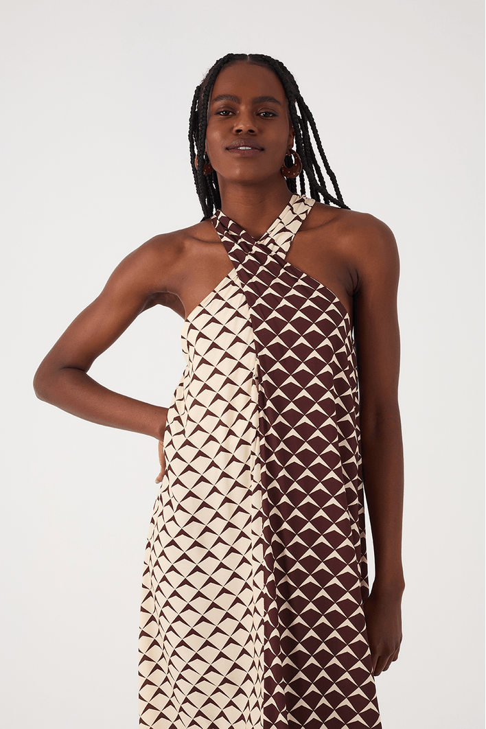 Vestido Longo Cinto Estampa Asa Delta