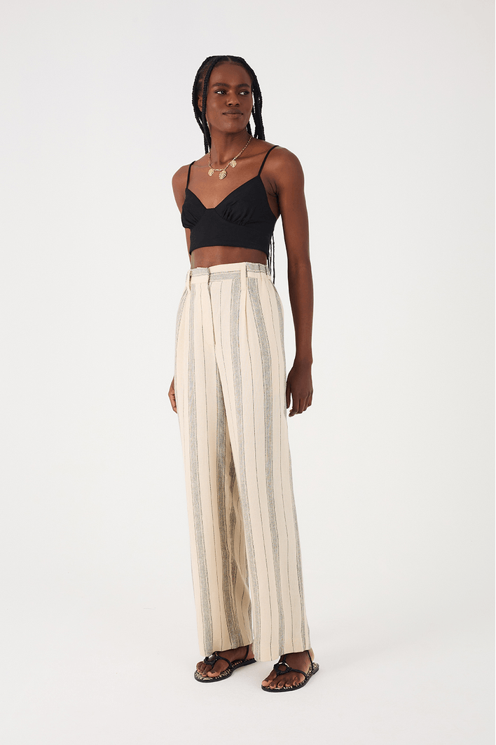 Calça Linho Listrado Elástico Costas