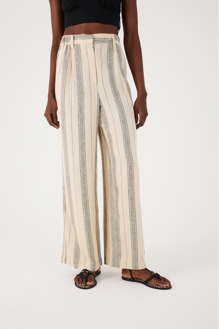 Calça Linho Listrado Elástico Costas