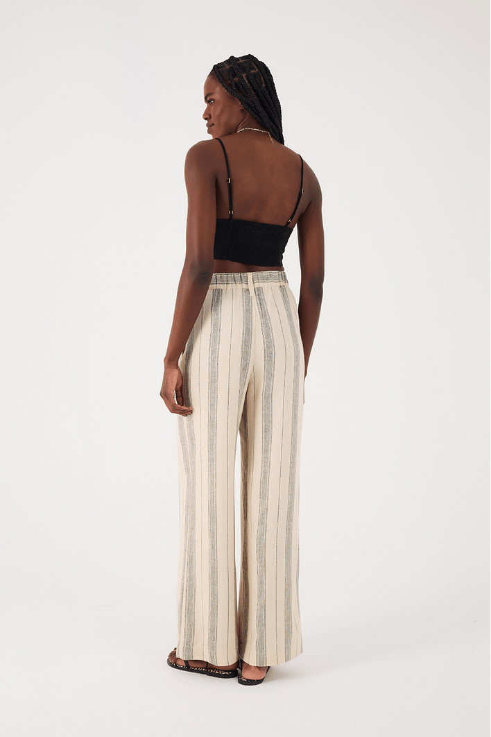 Calça Linho Listrado Elástico Costas