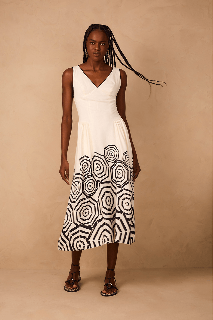 Vestido Midi Linho Estampa Praia
