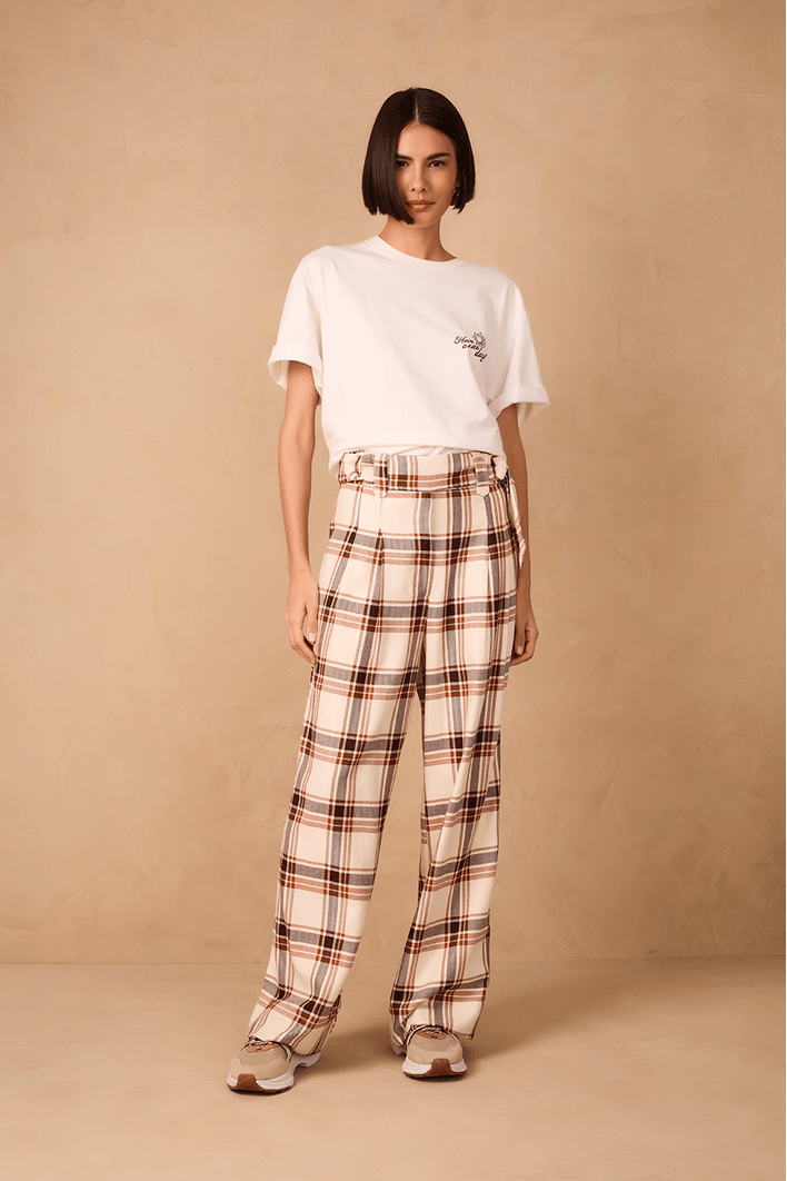 Calça Xadrez Fivela Cós