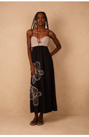 Vestido Linho Bordado Busto Listrado