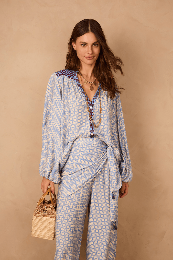 Camisa Bata Crepe Estampa Ladrilho