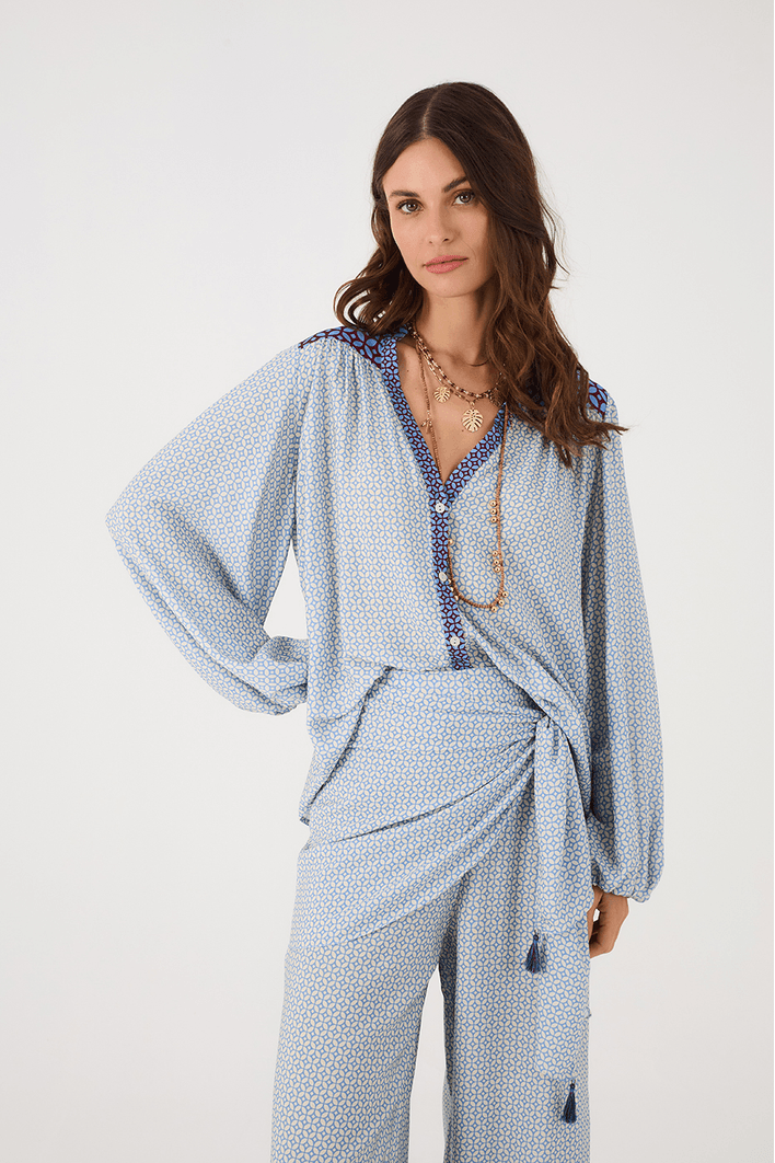 Camisa Bata Crepe Estampa Ladrilho